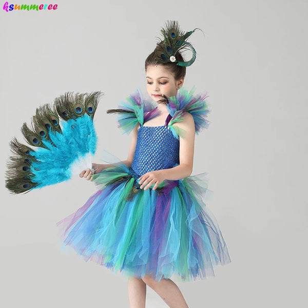 Girls Peacock Tutu Halloween Costume with Feather Clip