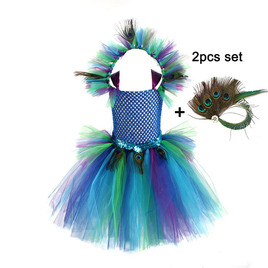 Girls Peacock Tutu Halloween Costume with Feather Clip