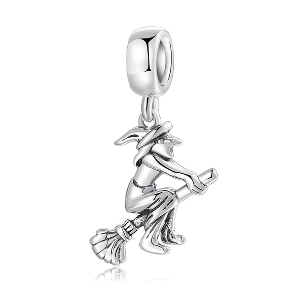 S925 Sterling Silver Witch on Broom Dangle Charm