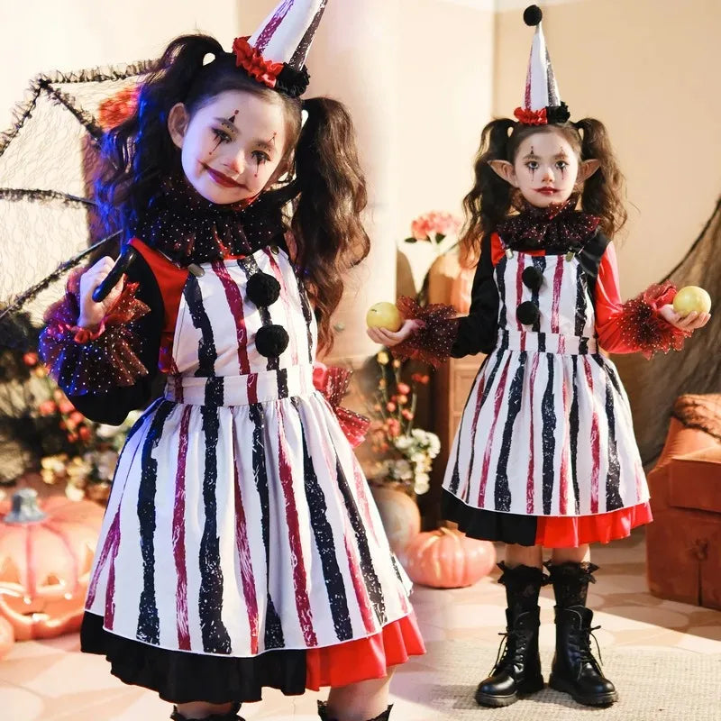 Halloween Costume Horror Clown Dresses Pants Headwear Sets Theme Outfits for Girls - 01 / Adult L