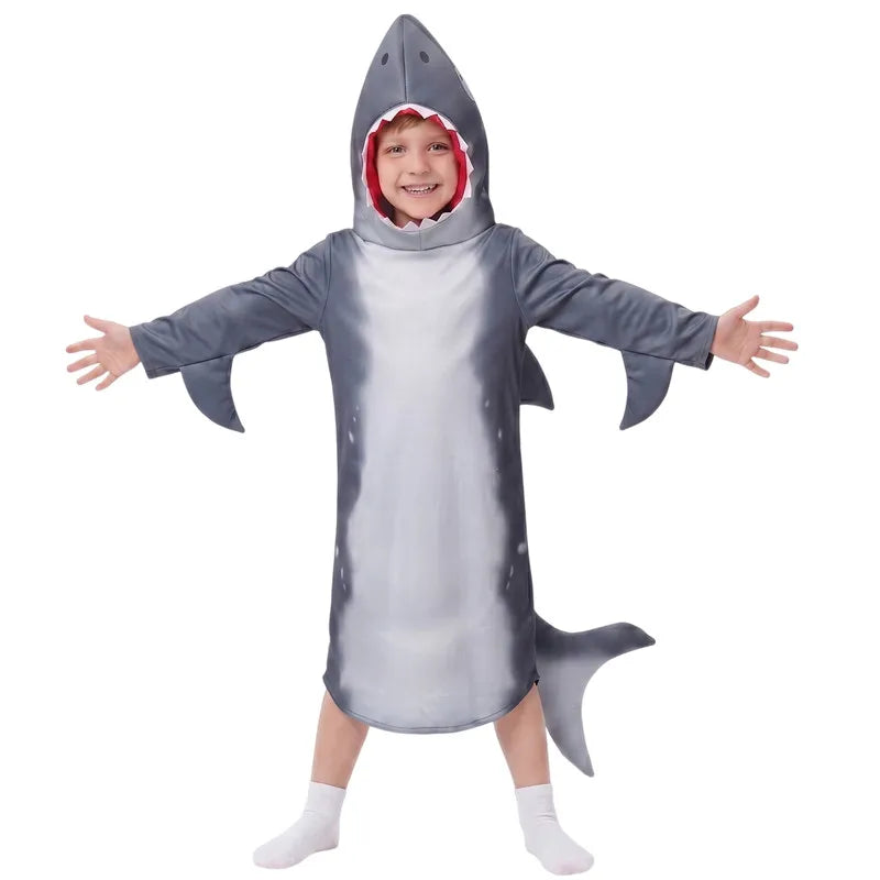 Childrens Shark Hooded Cosplay Costume with Tail Halloween Party Dress Up Performance OutfitSchool Play Performance Outfit
