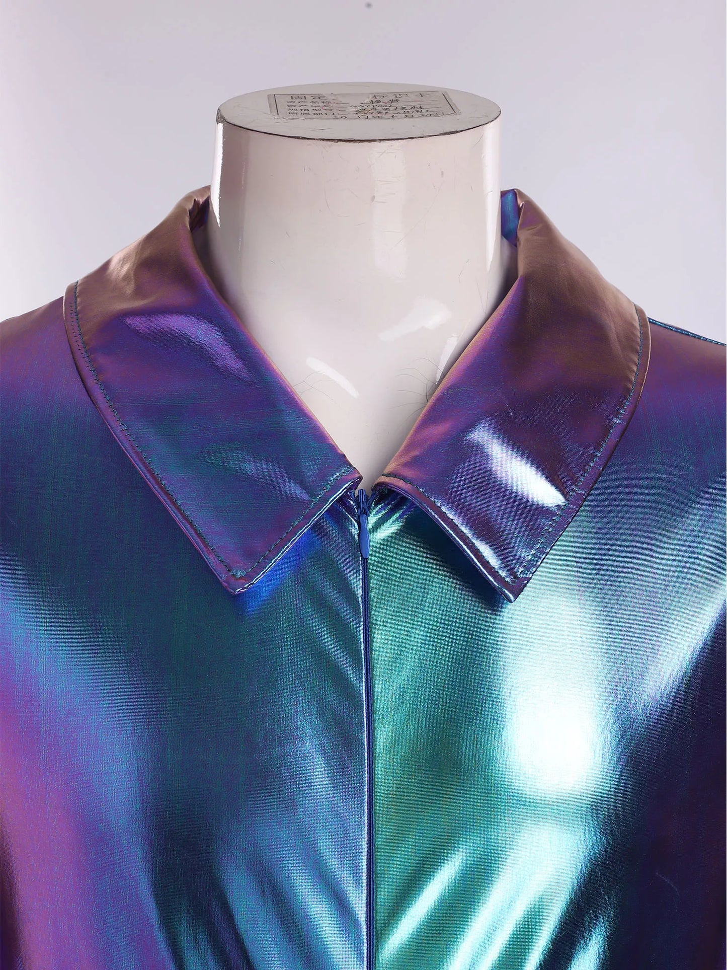 Men 70s Disco Jazz Dance Performance Costume Flare Sleeve Zipper Metallic Shiny Jumpsuit - Silver / XXL