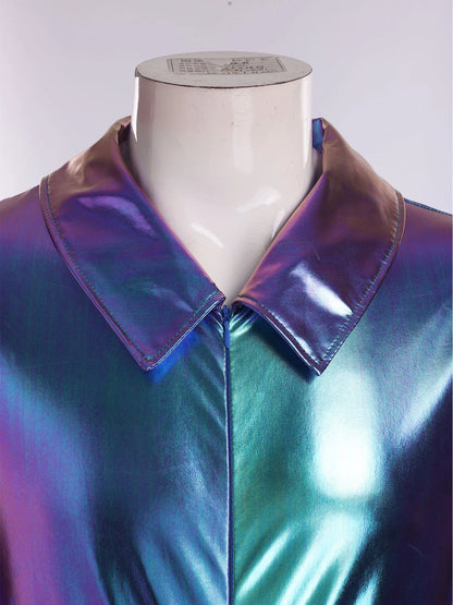 Men 70s Disco Jazz Dance Performance Costume Flare Sleeve Zipper Metallic Shiny Jumpsuit - Silver / XXL