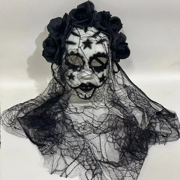 Halloween Ghost Bride Cosplay Mask Black Lace Veil Mexican Day Masks
