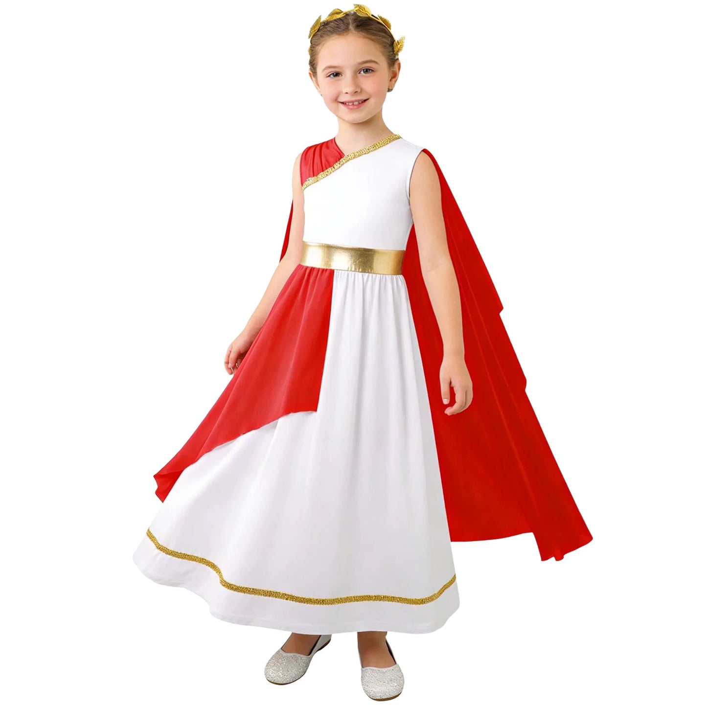 Girls Halloween Greek Deity Beauty Roman Princess Cosplay Costumes Gold Leaves Garland Headwear Cap Sleeve - product image 4