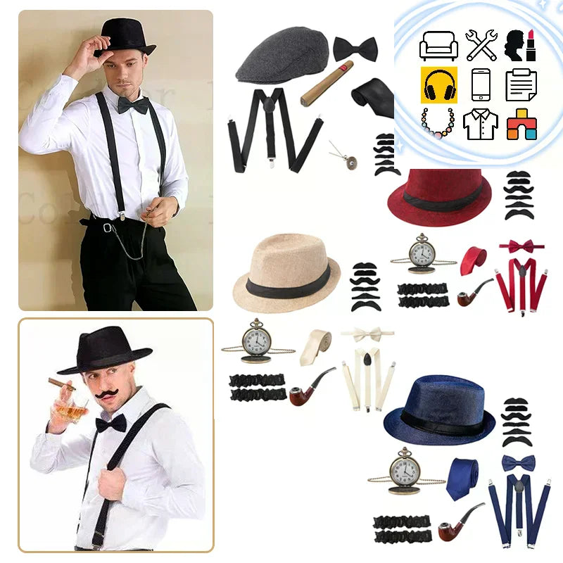Halloween 1Set 1920's Costume Hat Pocket Watch Neck Tie Moustache Bowtie Gatsby - J