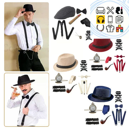 Halloween 1Set 1920's Costume Hat Pocket Watch Neck Tie Moustache Bowtie Gatsby - J