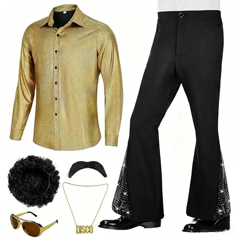 Men's Disco 70s Shiny Shirt Flared Pants Wig Sunglasses Costume - alternate view 7