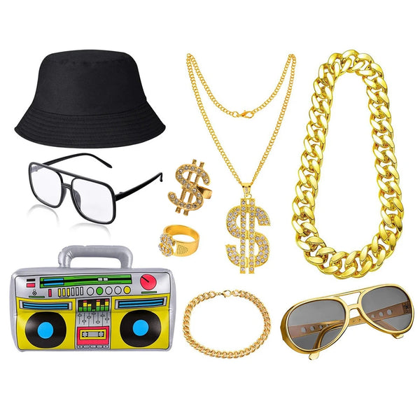 80s 90s Costume Outfit Set Big Gold Chain 80s/90s Rapper Accessories Glasses