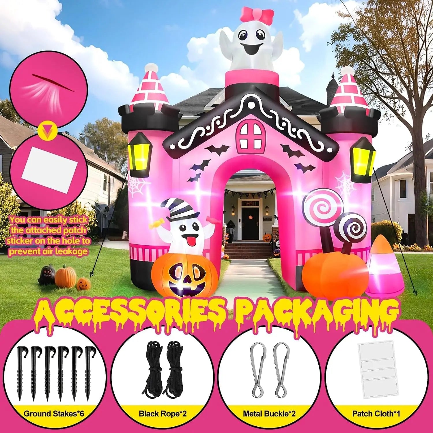 11 FT Inflatables Ghost Archway Outdoor Decor, Pink Castle Blow Up