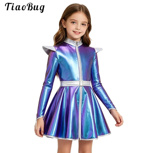 Kids Halloween Alien Costume Girls Metallic Shiny Zipper A-line Tutu Dress for Outer Space Robot Astronaut - product image 1