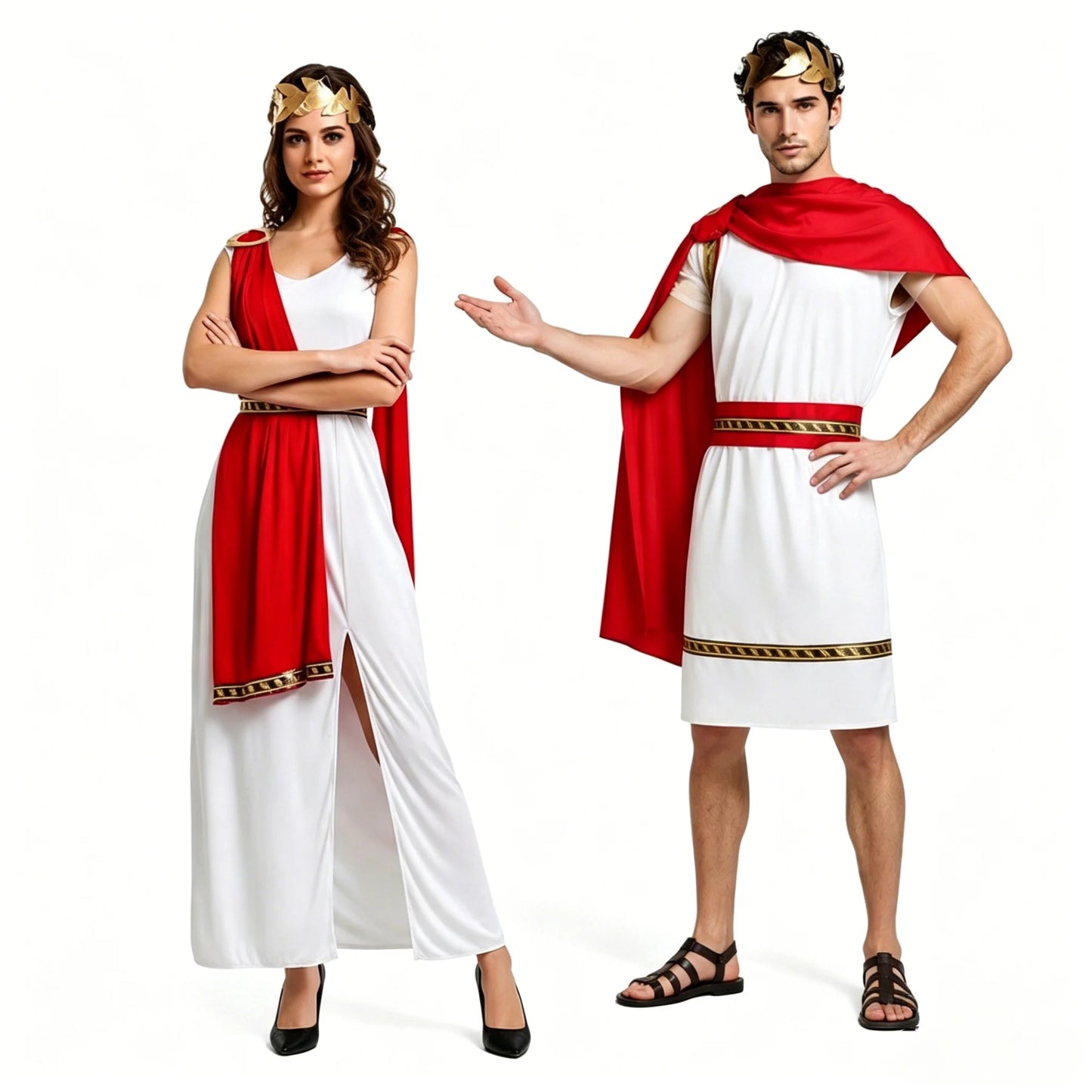 Roman Greek Costume Adult Men Women Couple Toga White Tunic Red Cape Gold Laurel Wreath - View 5