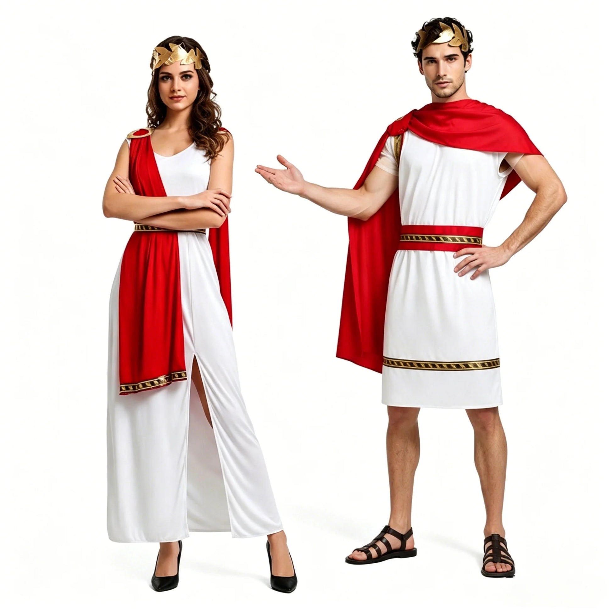 Roman Greek Costume Adult Men Women Couple Toga White Tunic Red Cape Gold Laurel Wreath - View 5