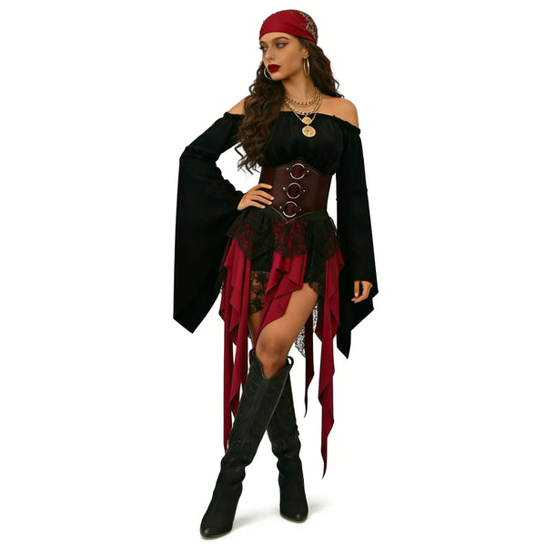 Women's Pirate Costume Separates – Medieval Top, Skirt & Accessories