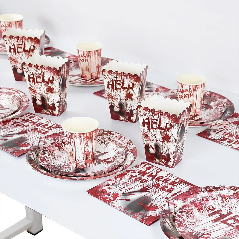 Halloween Party Disposable Tableware Scary Bloody Handprint Paper Plates Cups Popcorn Box For Halloween - product image 6