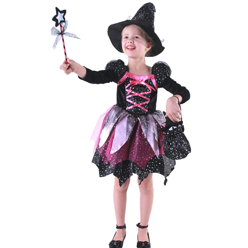 Halloween Costume Girls Costumes Witch Dress 4 PCS Bag Hat Wand Suit Kids Costume Vestidos - 4 PCS A / 2T(100)