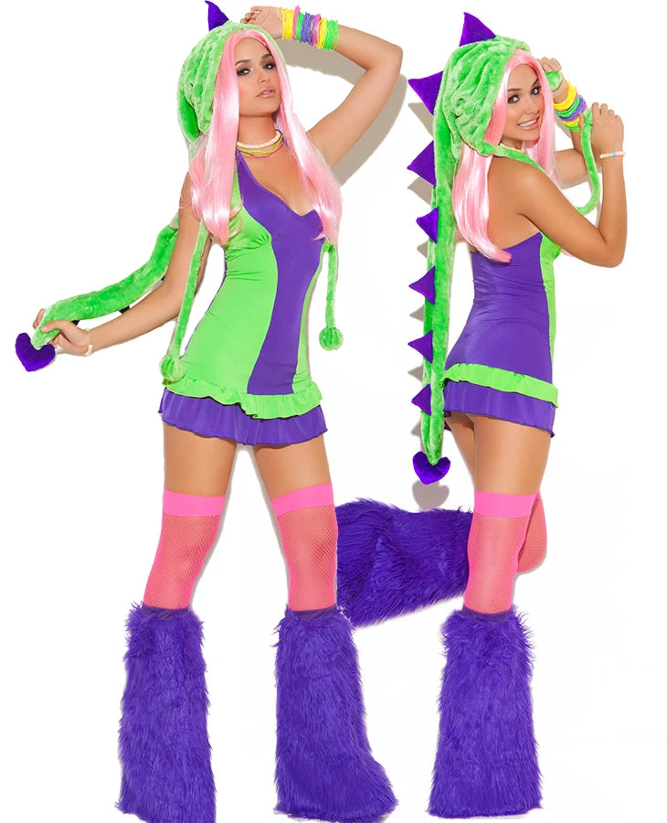 Adult female sexy and cute green caterpillar frog Halloween party fox costume animal role-playing costume and big tail costume