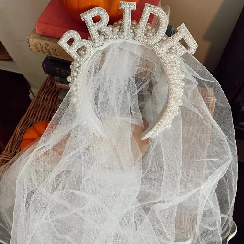 White Bride Headband Pearl Crown with Veil Bride To Be Wedding Decoration - product image 1