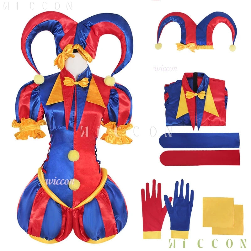 Circus Clown Costume Wig Halloween Cute Pommni Hat Cartoon Onesie Red and Blue Stripe - Costume / XXXL