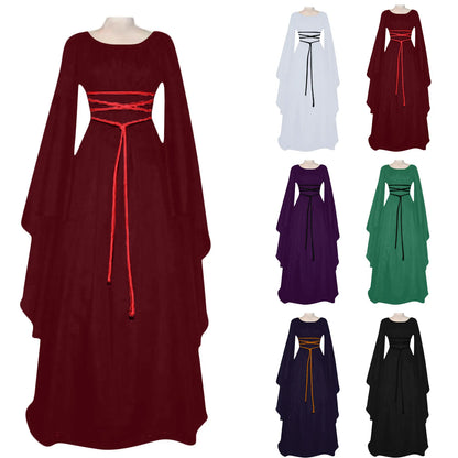Women's Medieval Long Sleeved Round Neck Lace-Up Waist Irregular Costume - alternate view 2