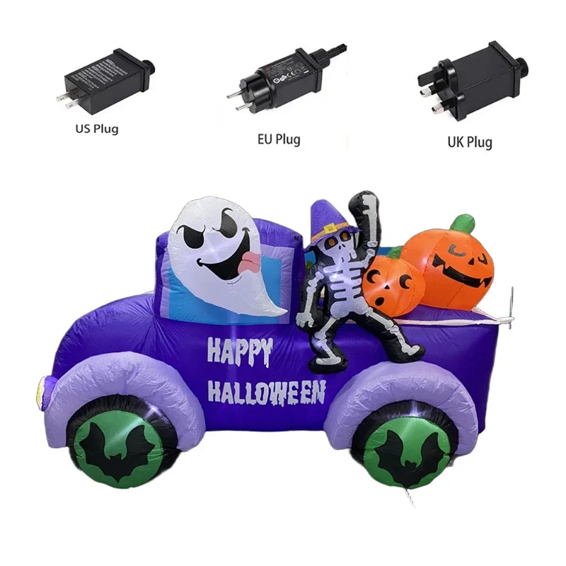 8FT Outdoor Inflatable Halloween Model - Ghost Driving Truck with Skeleton & Pumpkin, Built-in LEDs, Ideal for Yard Decorations