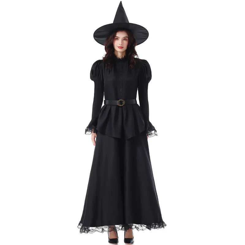Halloween Witch Costume Black Lace Magical Wizard Dress Hat Belt 3pcs Set Women Gothic Elegant Party Outfit - product image 6