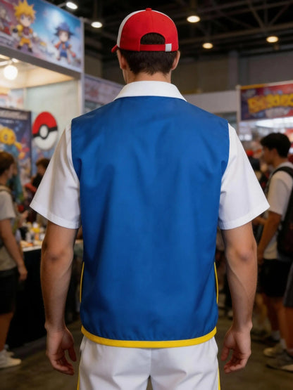 Men Anime Trainer Costume Ash Ketchum Adult for Madam Halloween Women Blue Jacket Cap and - Full Set 5pcs / KIDS 140