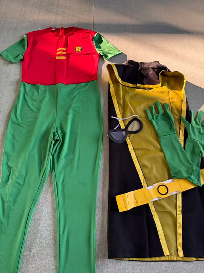 Men Superhero Robin Costume for Halloween Movie Full Set Tight Jumpsuit with Mask for Male - green / S