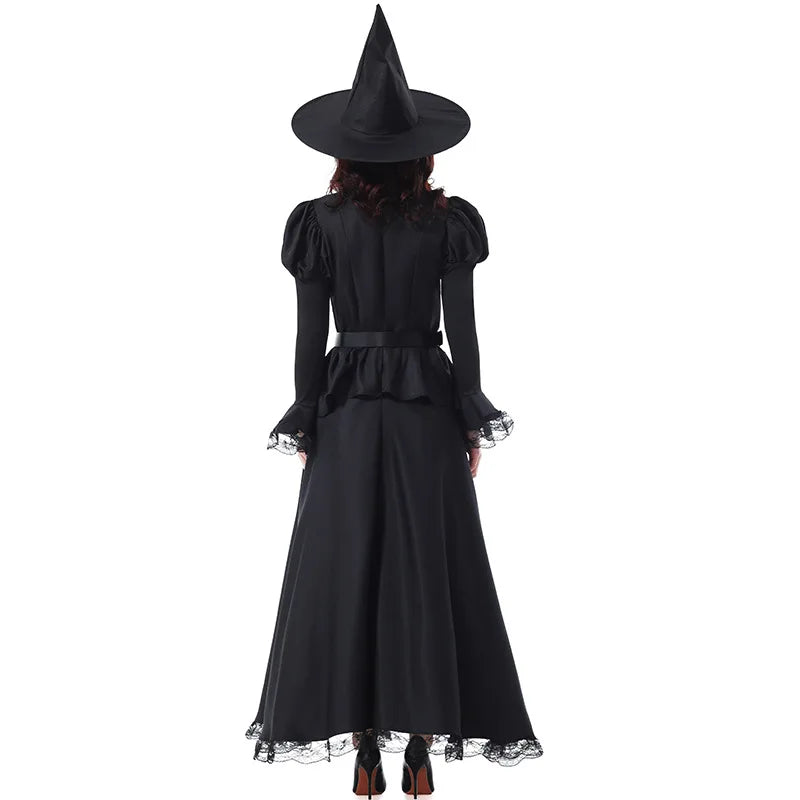 Halloween Witch Costume Black Lace Magical Wizard Dress Hat Belt 3pcs Set Women Gothic Elegant Party Outfit - product image 2