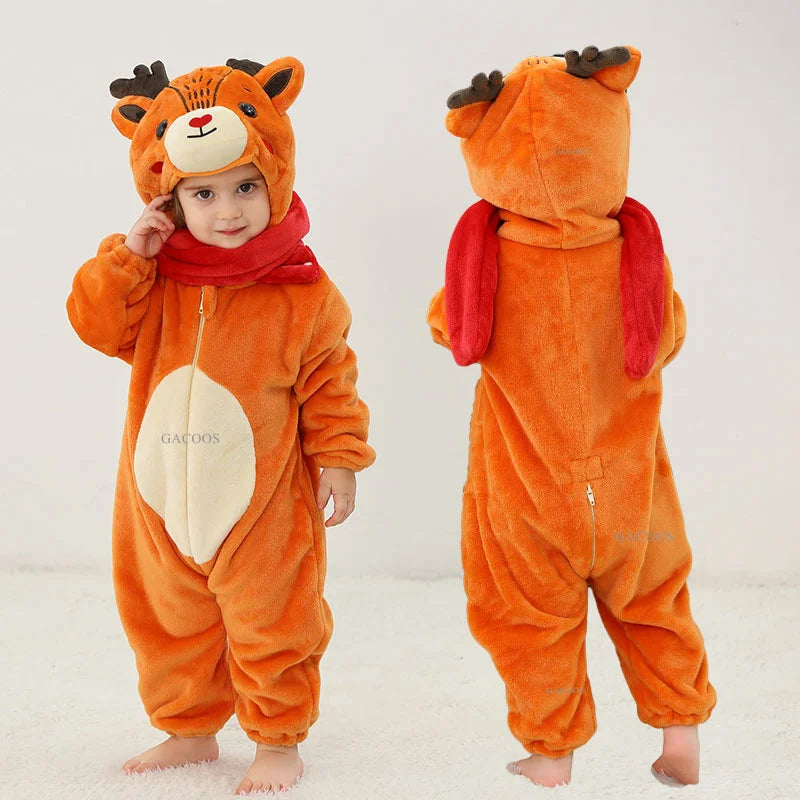 Dinosaur Winter Baby Romper Kigurumi Costume Flannel Hooded Bodysuit Pajamas Animal