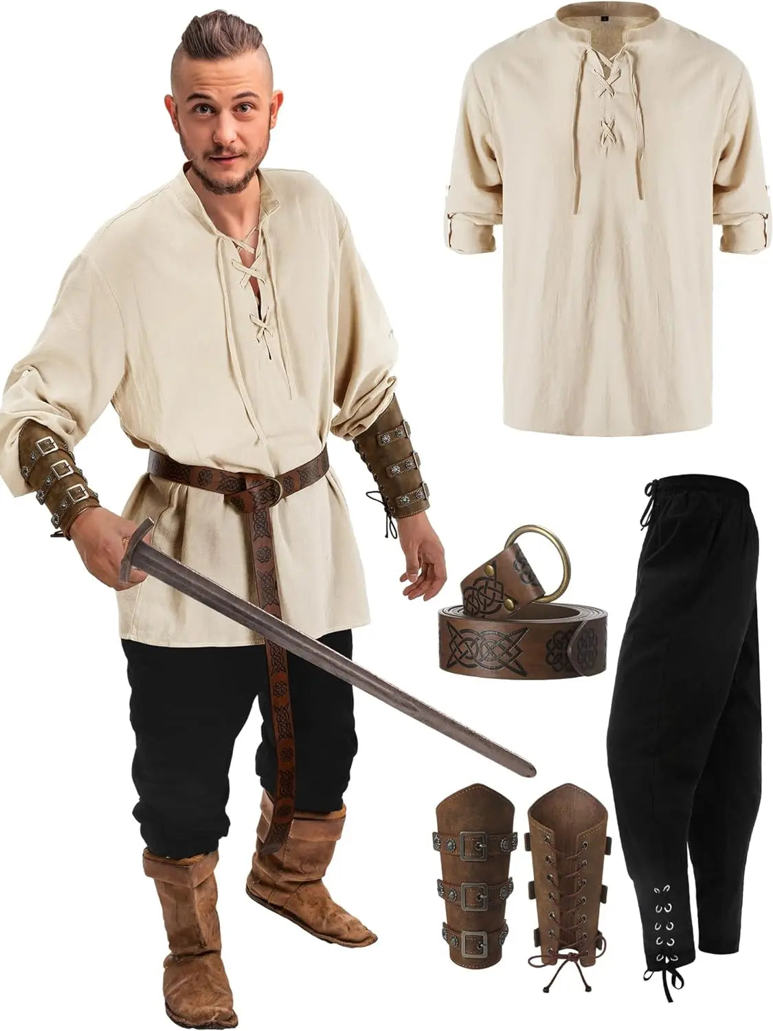4 Pcs Halloween Men's Renaissance Costume Set Medieval Pirate Shirt Ankle Banded Pants Viking Belt Accessories - product image 7