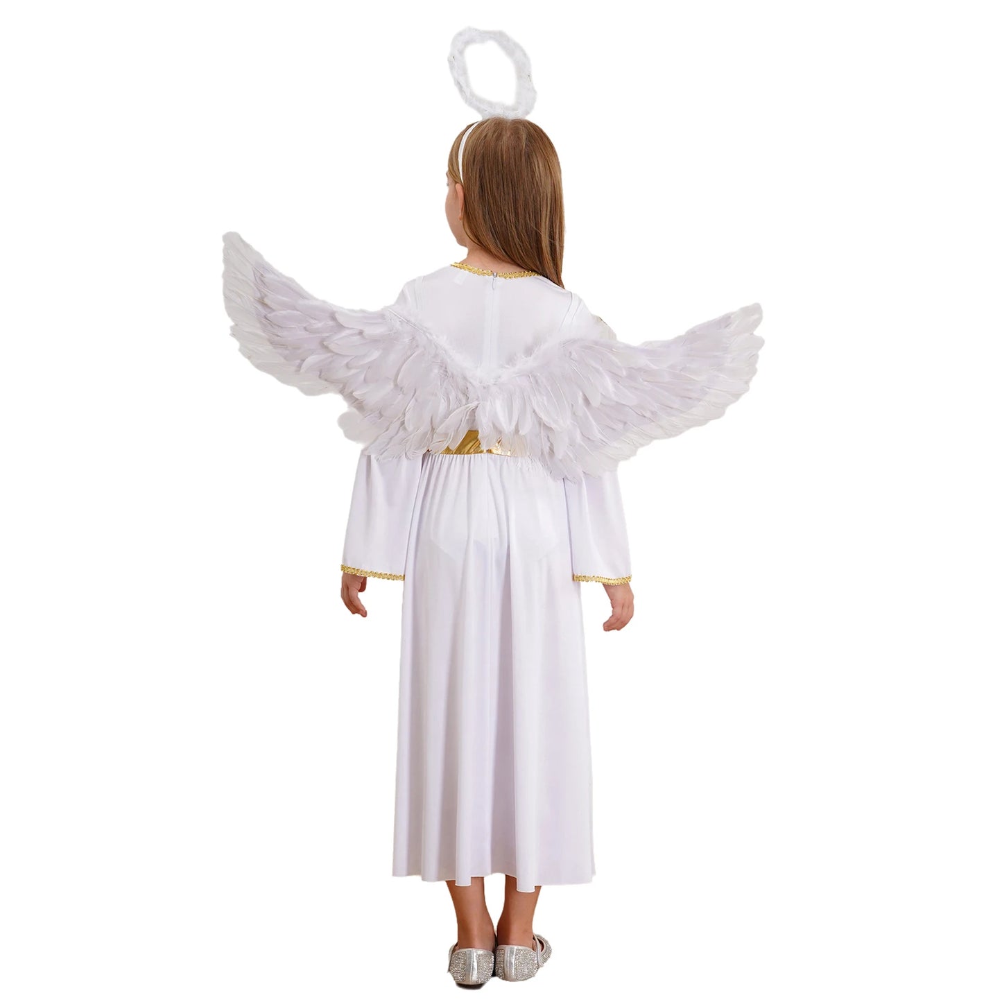 Girls Angel Costume Halloween Greek Goddesses Theme Dress Up Gold Trim Gown Dress Hairband - Red White / 6