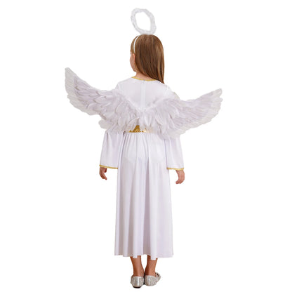 Girls Angel Costume Halloween Greek Goddesses Theme Dress Up Gold Trim Gown Dress Hairband - Red White / 6