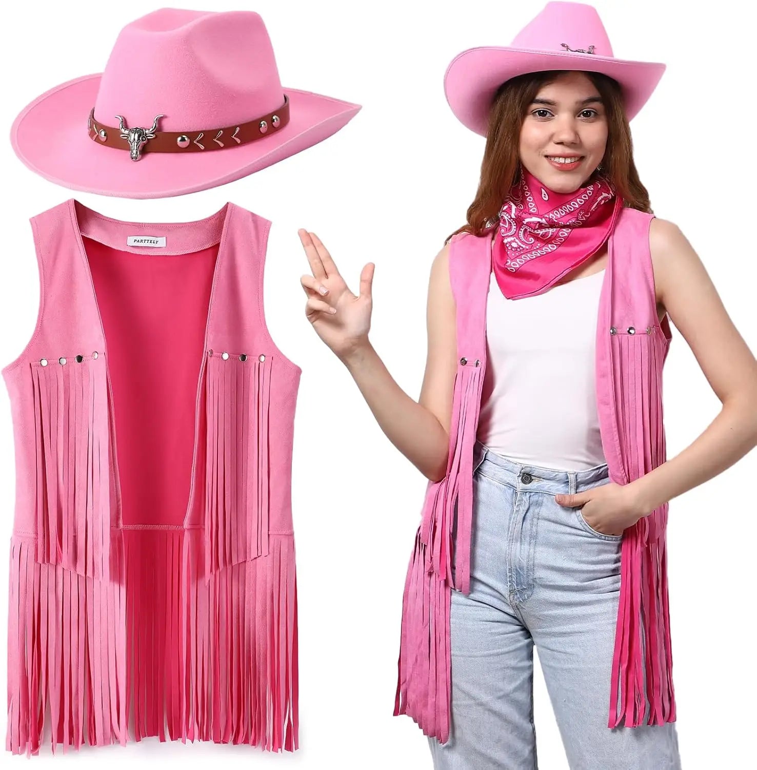 3 Pcs Women Cowboy Cowgirl Costume Faux Suede Tassel Vest Waistcoat with Rivets