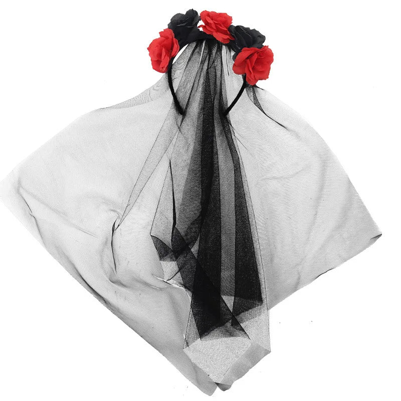 Gothic Black Lace Halloween Headband with Realistic Roses Skull Hair - product image 5