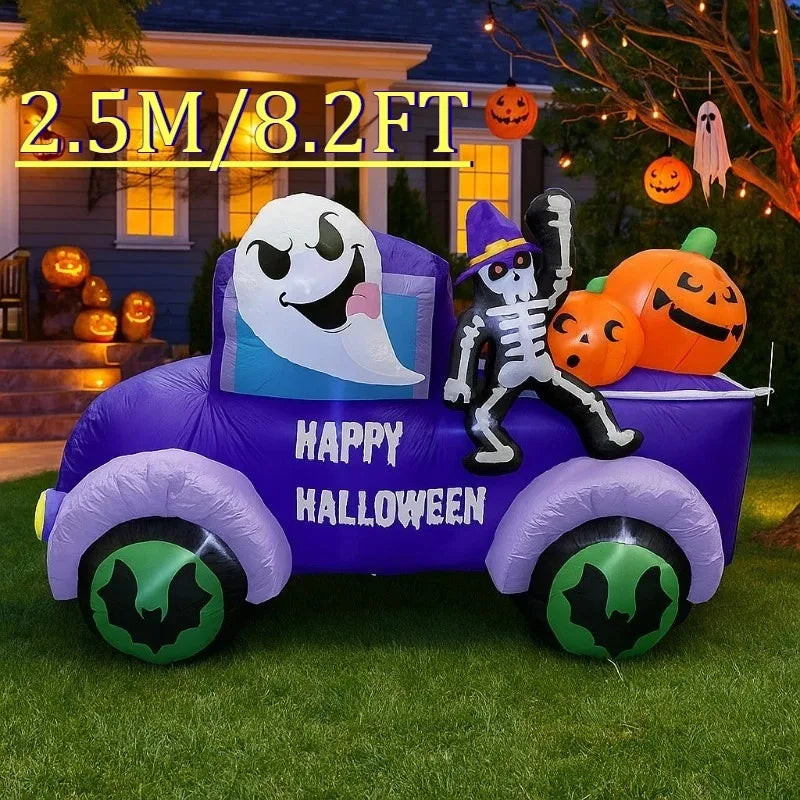 8FT Outdoor Inflatable Halloween Model - Ghost Driving Truck with Skeleton & Pumpkin, Built-in LEDs, Ideal for Yard Decorations