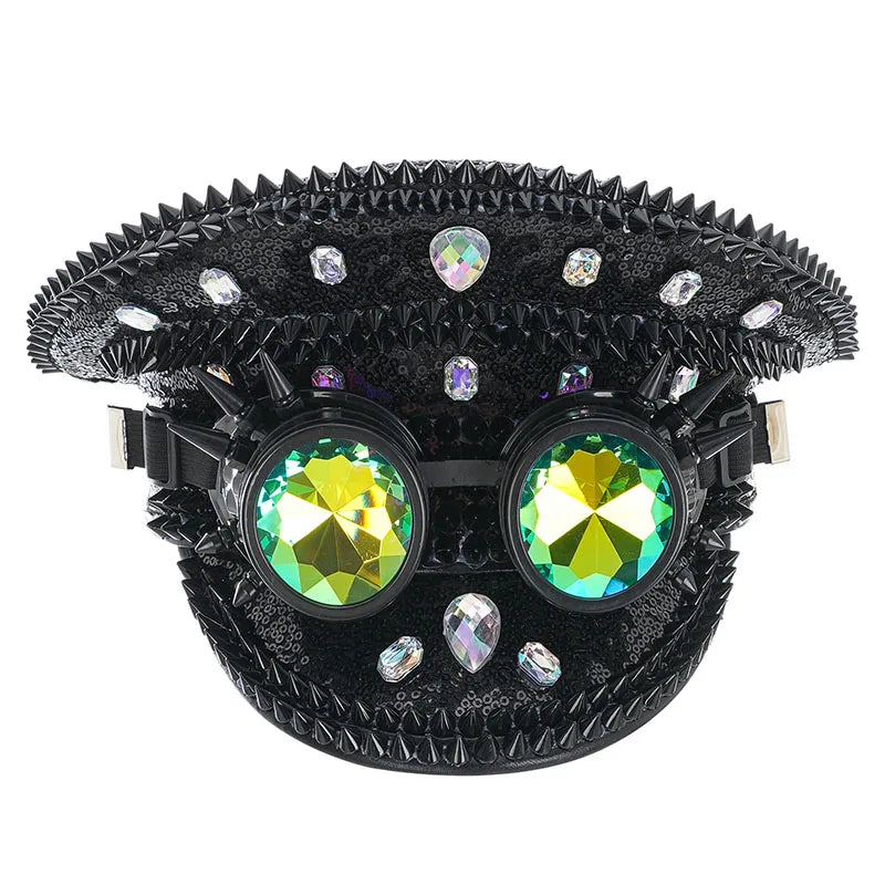 Halloween Costume Steampunk Hat with Goggles Vintage Men Black Sequined & Rivets Gothic - White / China Mainland
