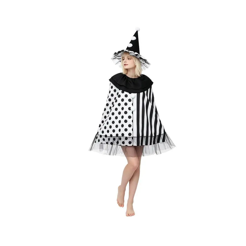 Women's Witch Black White Polka Dot Striped Clown Cape Costume