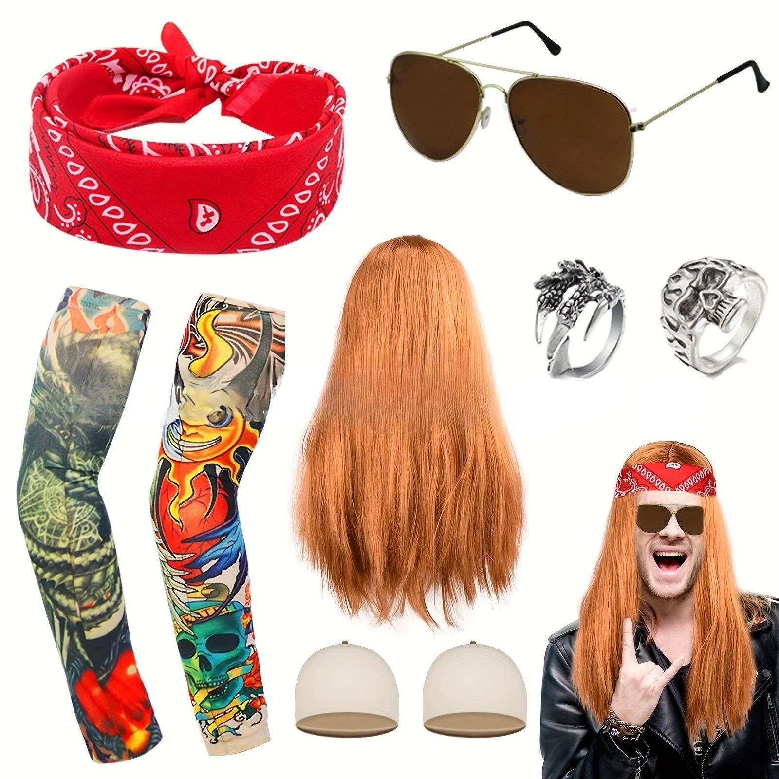 Hot 70s 80s Rocker Costume Heavy Metal Wig Men Women Hippie Wig With Bandana Sunglasses Punk Gloves Tattoo - product image 12