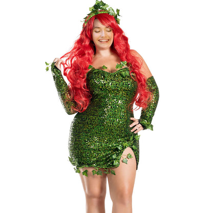 Women's Green Ivy Halloween Cosplay Costume Party Deluxe Sleeveless Fake Leaves Strapless Sequin Mini Dress - product image 7