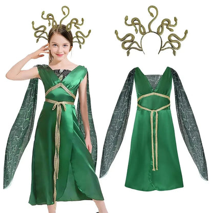 Goddess Medusa Green Dress Cosplay Women Costume Female Headgear Skirts Dance Party Perfemence Clothing Halloween Carnival Suits