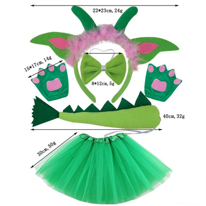 Girls Women Kids Animal Costume Dinosaur Green Tutu Skirt Ear Headband Bowtie Tail Cosplay Props Halloween - product image 9