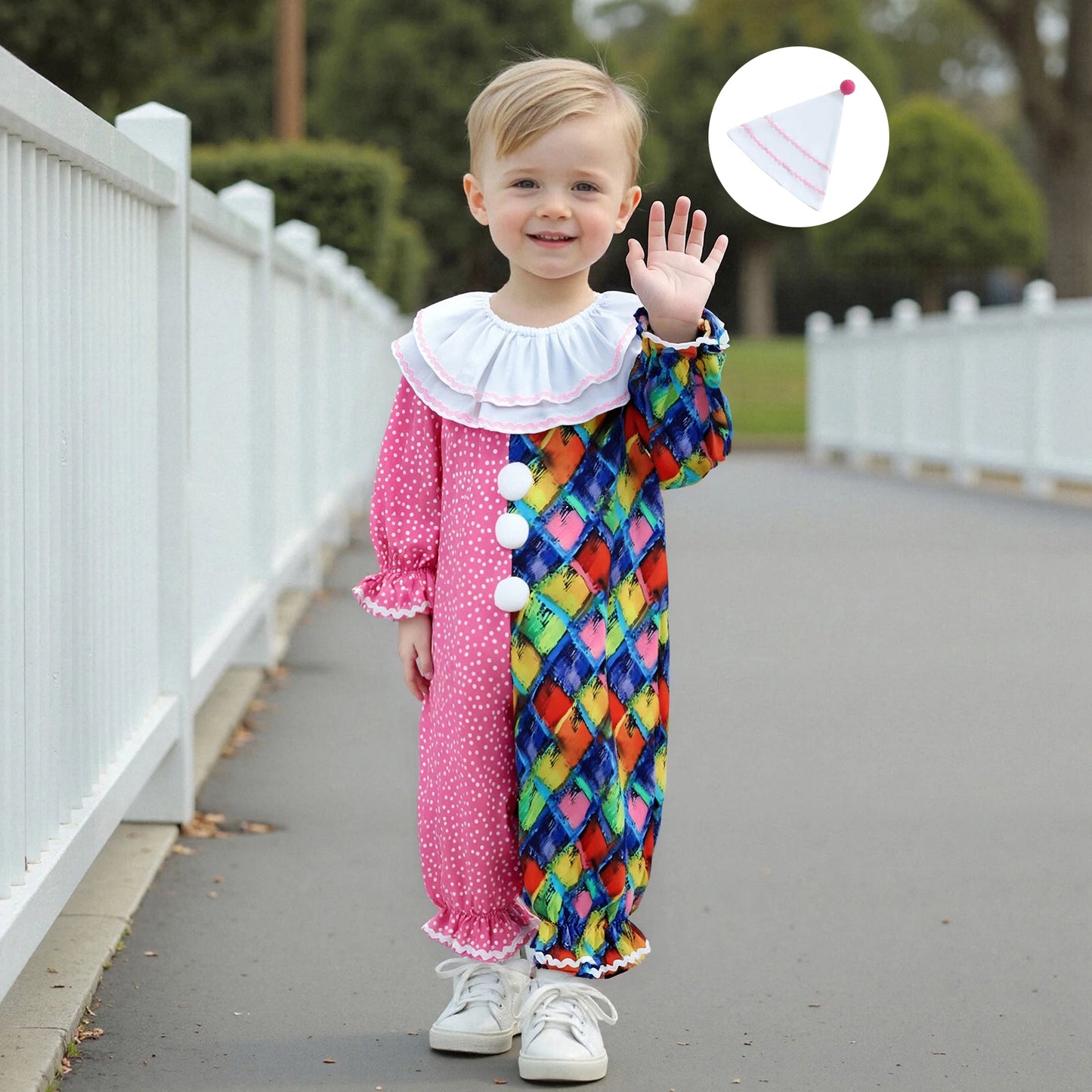 Toddler Baby Clown Halloween Costume Contrast Color Sleeve Jumpsuit and Hat 2 Pcs Set - B / 6-12M