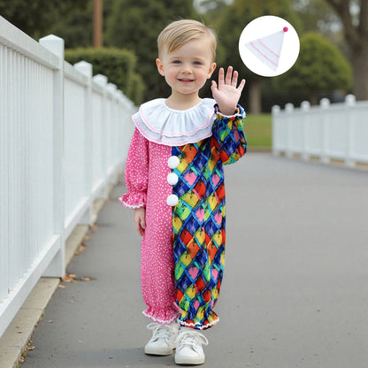 Toddler Baby Clown Halloween Costume Contrast Color Sleeve Jumpsuit and Hat 2 Pcs Set - B / 6-12M