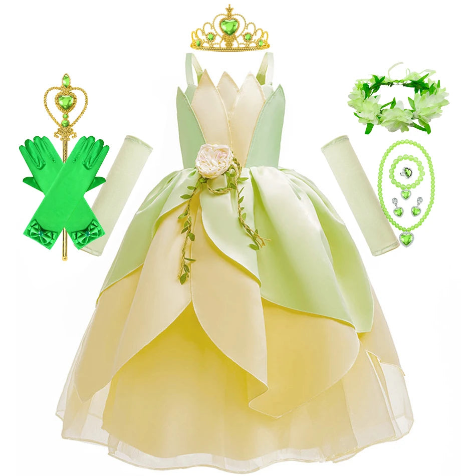 Girls Tiana-Inspired Princess Dress – Floral & Light-Up Costume Options
