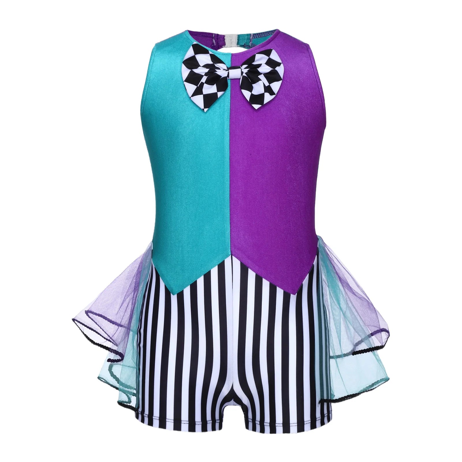 Kids Girls Circus Ringmaster Clown Costume Halter Rhinestone Checked Skirted Leotard - Black A / 6