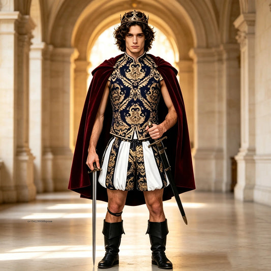 Men Renaissance Royal Prince Costume Set Medieval King Prince Bloomers Shorts Vest - vest D / XL