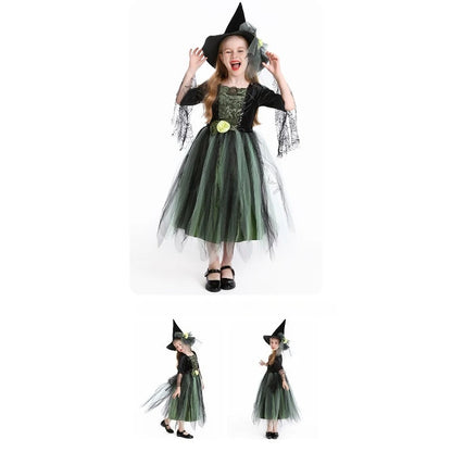 Halloween Costume Witch Kids Green Mesh Dress Hat Suits Theme Outfits for Girls - View 6