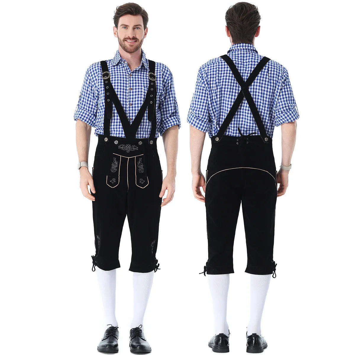 Men's Bavarian German Beer Suspenders Short Sleeve Halloween Costume - Grey Hat / L