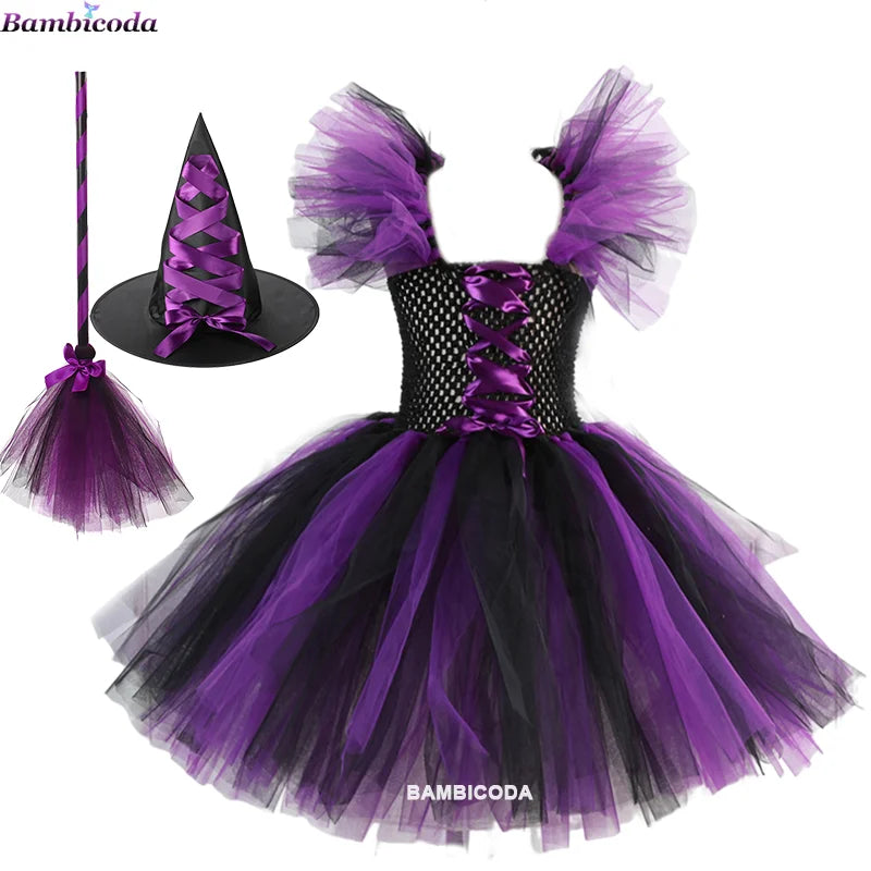 Kids' Witch Disguise Tutu Knee Hat Broom Pantyhose Halloween Costume - c1 / S(2-3Y)